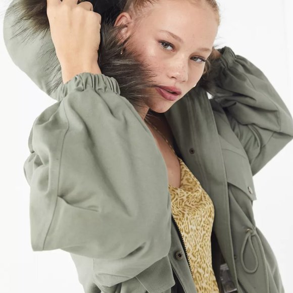 NWOT, Urban Outfitters Hooded Parka Coat, M, Olive Green, Faux Fur Trim - Picture 2 of 9
